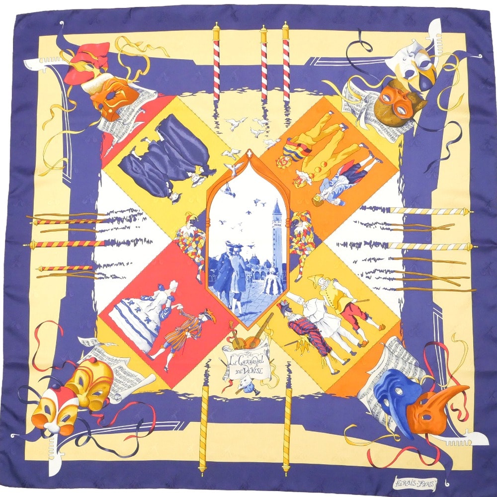 ■美品■HERMES エルメス カレ90 LE CARNAVAL DE VENISE ベニスのカーニバル スカーフ カレ90 シルクツイル ストール マフラー ブランド古着【中古】20260206/RA7589
