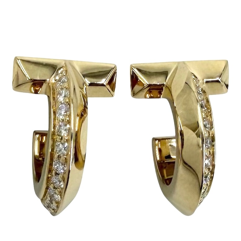 TIFFANY&Co. ティファニー ピアス ティファニーT T ワン フープ ピアス アクセサリー ジュエリー 18金YG Au750 K18イエローゴールド    ダイヤモンド合計0.40ct 69783015 レディース 約7.0g 美品【中古品】
