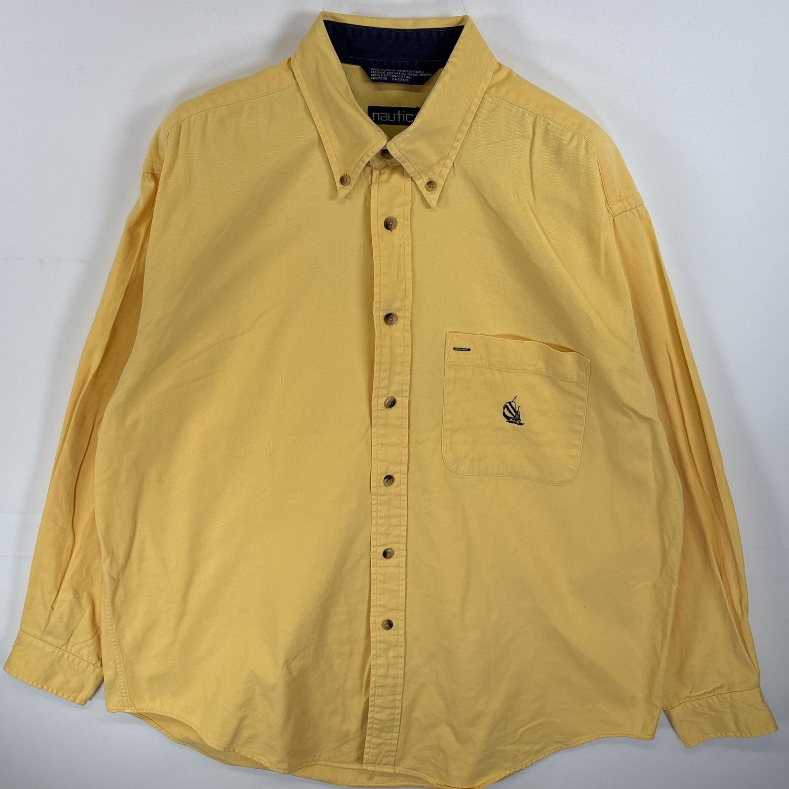 古着 90's/90年代 ノーティカ NAUTICA 長袖シャツ ボタンダウンシャツ ワンポイント ロゴ 刺繍 USA製 L  イエロー 無地 メンズ