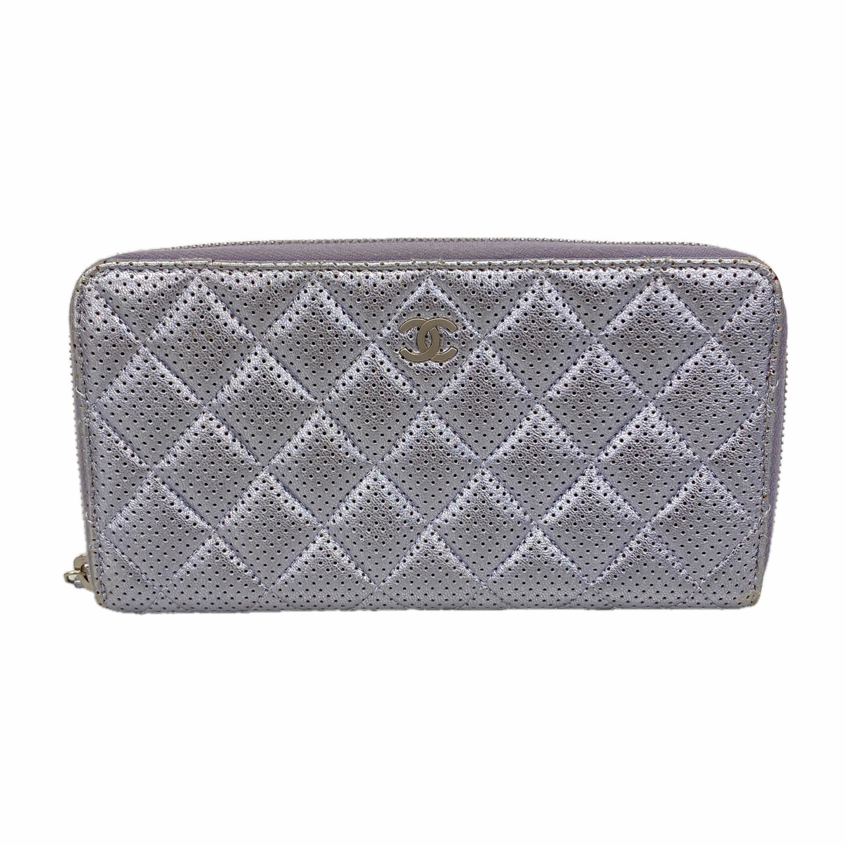 【6ia0529】シャネル 長財布 マトラッセ パンチング レザー パープル シルバー金具【中古】レディース