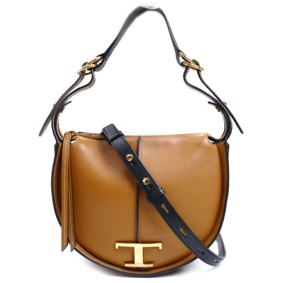 TOD’S トッズ Tタイムレス スモールホーボー 2Wayショルダーバッグ ブラウン XBWTSAE02005OU175S レディース【中古】