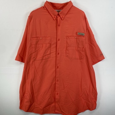 古着 コロンビア Columbia 半袖シャツ PFG ワンポイントロゴ フィッシング 14041 ピンク系 無地 メンズ
