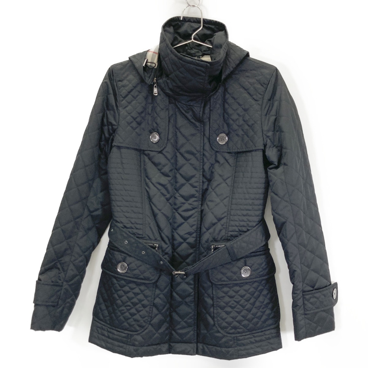 バーバリーロンドン 08年 ﾌﾞﾗｯｸ FS026-835-09 ｷﾙﾃｨﾝｸﾞﾌｰﾄﾞﾍﾞﾙﾄ付きｺｰﾄ 36