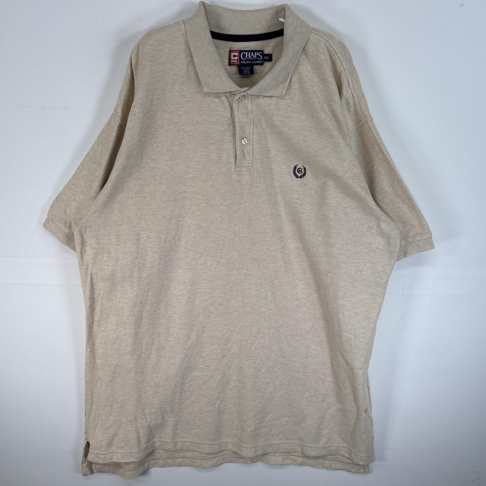 古着 90's/90年代 チャップスラルフローレン CHAPS RALPHLAUREN 半袖 ポロシャツ リネン ロゴ 刺繍 大きいサイズ 14041  ベージュ 無地 メンズ