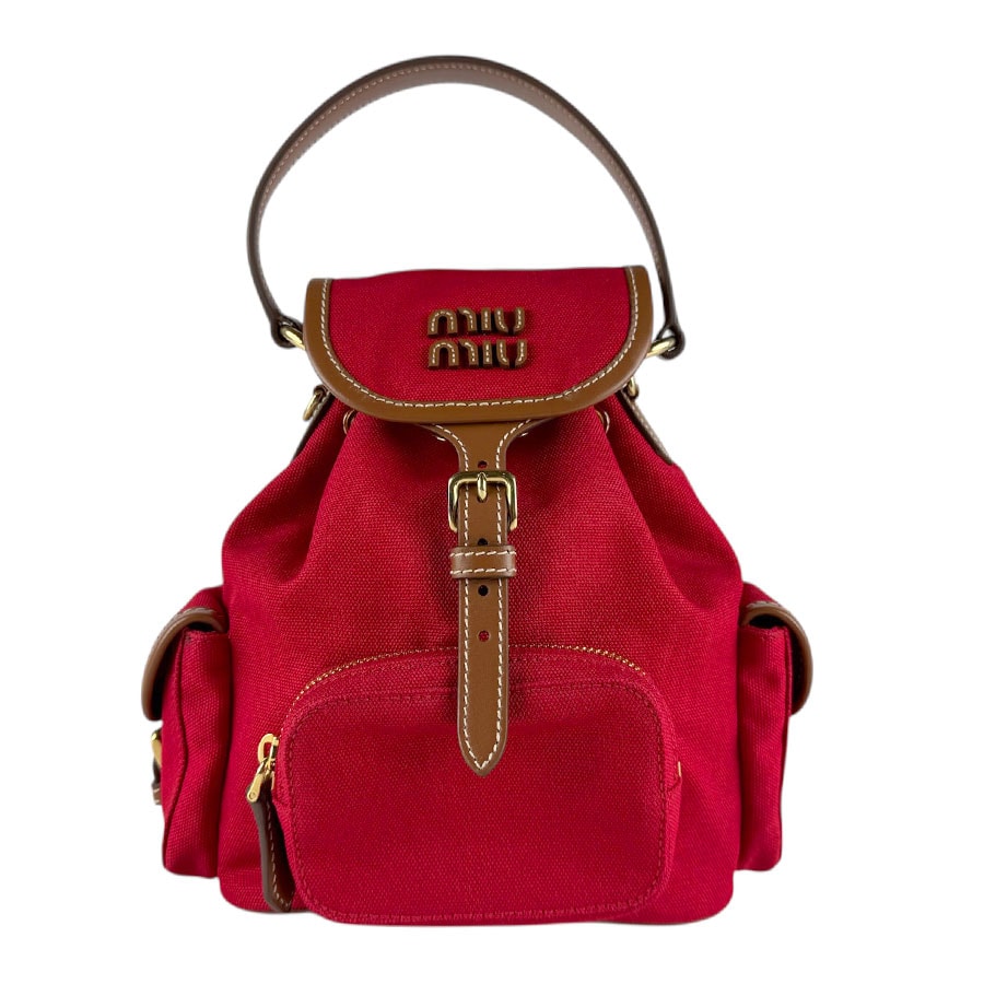 ミュウミュウ MIUMIU リュック キャンバス/レザー レッド×ブラウン レディース 5BZ043【中古】 z8310