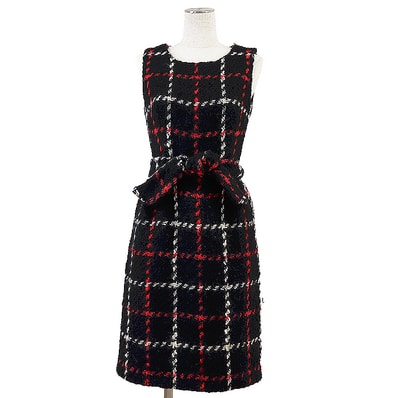 【SALE】DOLCE&GABBANA ドルチェアンドガッバーナ ワンピース サイズ 38 レディース ニット チェック ウエストリボン ノースリーブ ドレス ベルト付属 ブラック 黒 イタリア製