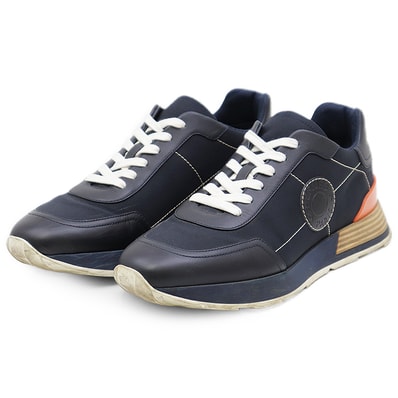 HERMES エルメス ドライブスニーカー メンズ サイズ 41 レザー × 高密度ナイロン コンビネーション シグネチャー ロゴ パッチ ローカット 厚底 シューズ 靴 箱/袋付属 ネイビー 紺 イタリア製