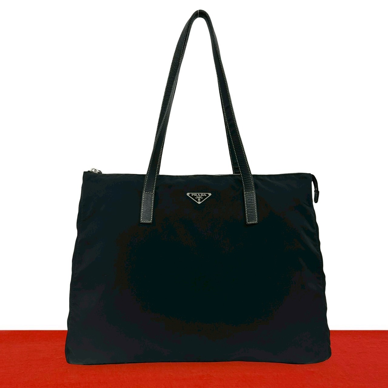 PRADA プラダ 三角ロゴ 金具 ナイロン レザー トートバッグ ブラック
 05636