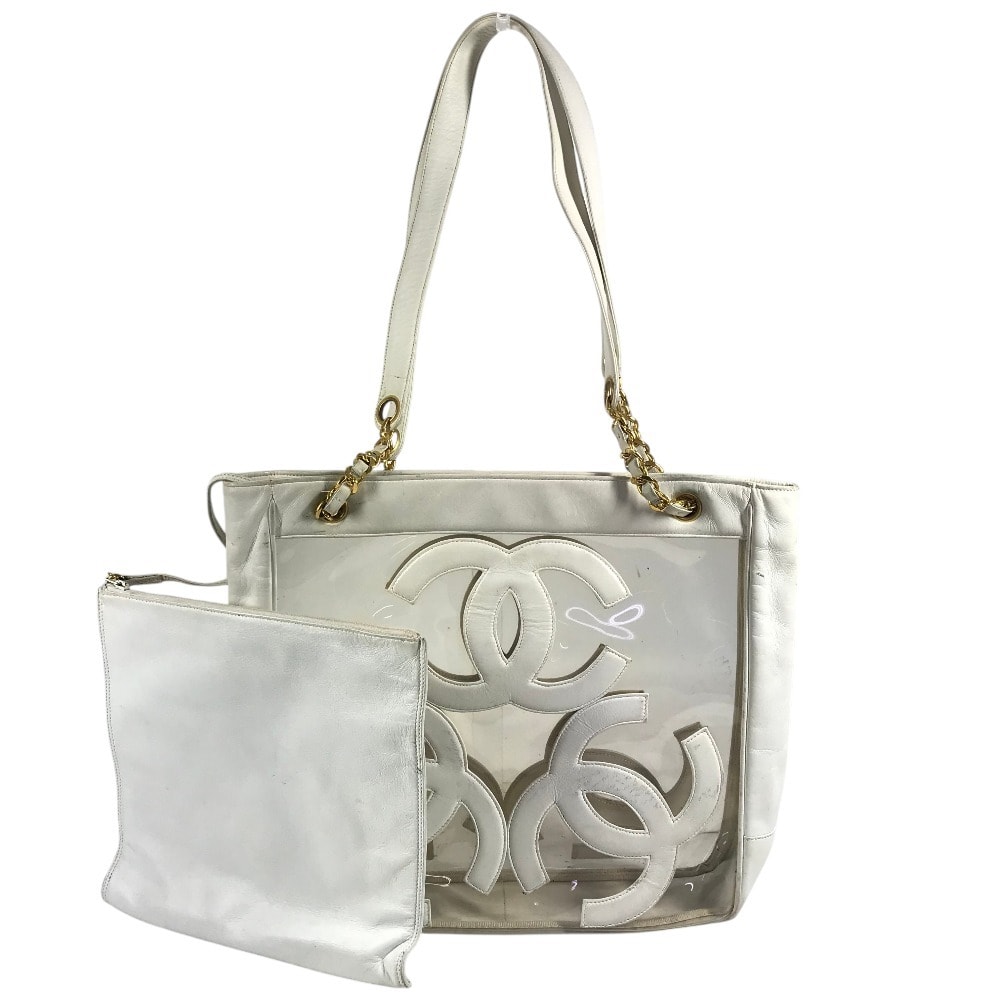 シャネル CHANEL CC ココマーク ロゴ トリプルココ Wチェーン ヴィンテージ カバン 肩掛け トートバッグ ポーチ付き ショルダーバッグ ビニール/レザー ホワイト