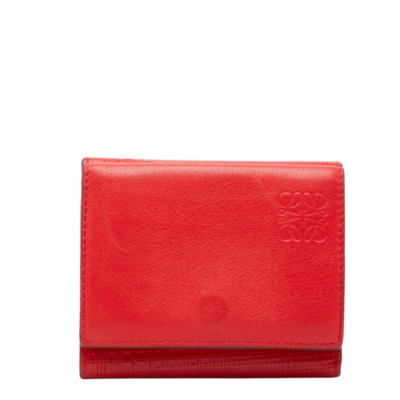 ロエベ アナグラム 三つ折り財布 コンパクトウォレット レッド レザー レディース LOEWE 【中古】