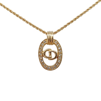 Christian Dior クリスチャンディオール CDロゴ ラインストーン オーバル ネックレス GP 【中古】