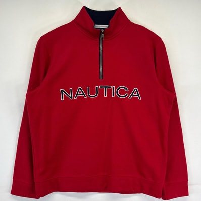 古着 ノーティカ NAUTICA スウェット ハーフジップ トレーナー ビックロゴ刺繍 プルオーバー M レッド メンズ