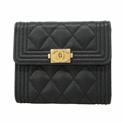 【6eb1288-k】シャネル 財布 ボーイシャネル キャビアスキン ブラック ゴールド金具【中古】レディース