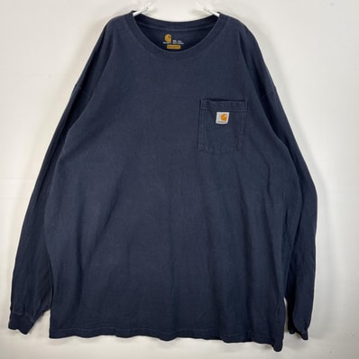 古着 カーハート Carhartt 長袖Tシャツ 大きいサイズ 肉厚 ワンポイント ロゴ 胸ポケ 3XL TALL ネイビー 無地 メンズ