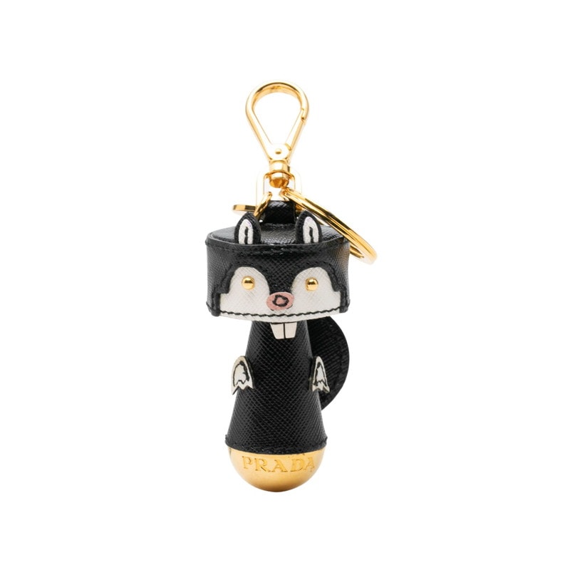 プラダ ビーバーモチーフ キーホルダー チャーム ホワイト ブラック ゴールド メッキ サフィアーノレザー レディース PRADA 中古