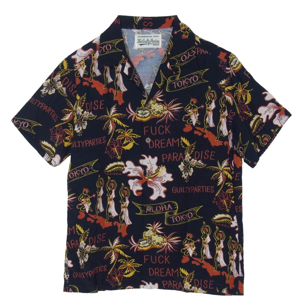 WACKO MARIA ワコマリア 17SS FUCK DREAM PARADISE ハワイアン オープンカラーシャツ 開襟 半袖 シャツ ブラック系 S【中古】