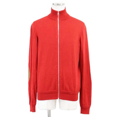 美品 ルイ・ヴィトン ウール / シルク ハイゲージニット ドライバーズジャケット エルボーパッチ ドラムレザー ハイネック ジャケット メンズ レッド ベージュ L LOUIS VUITTON