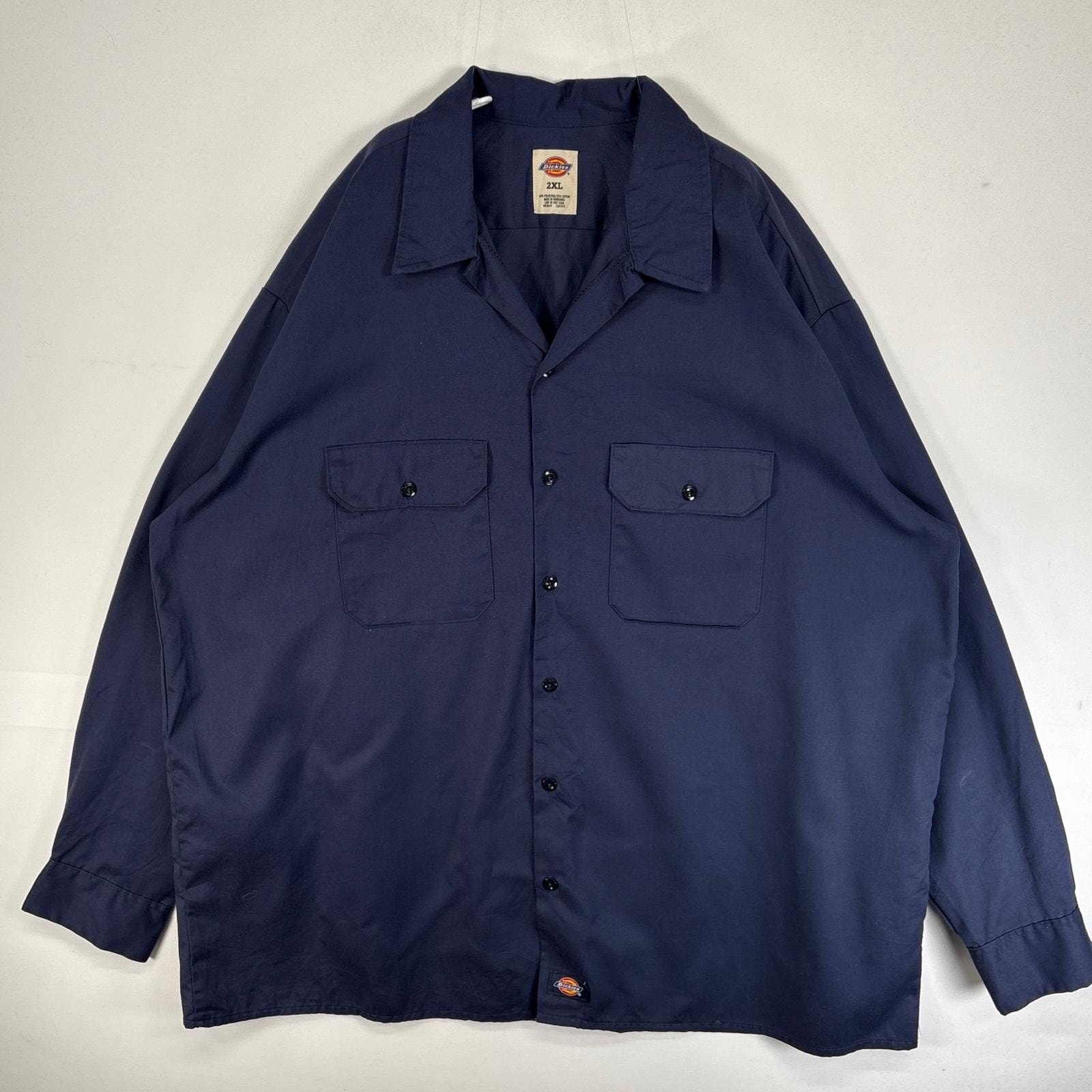 古着 ディッキーズ Dickies 長袖シャツ ワーク 作業着 フラップポケ 大きいサイズ ワンポイント ロゴ 2XL ネイビー 無地 メンズ