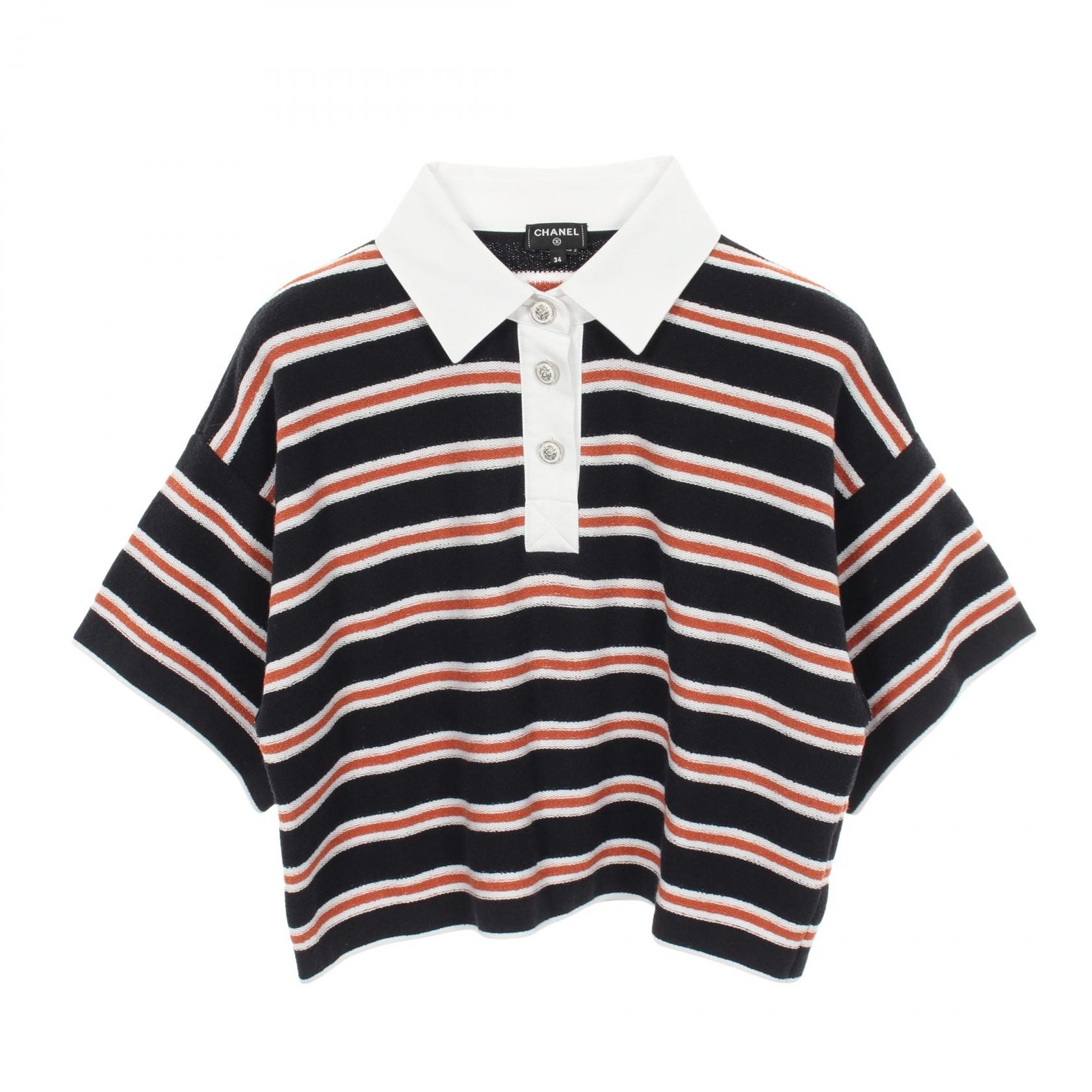 シャネル CHANEL ライオンボタン ボーダー ポロシャツ 衣料品 トップス コットン レディース ブラック系 / ブラウン系 / ホワイト系 【中古】