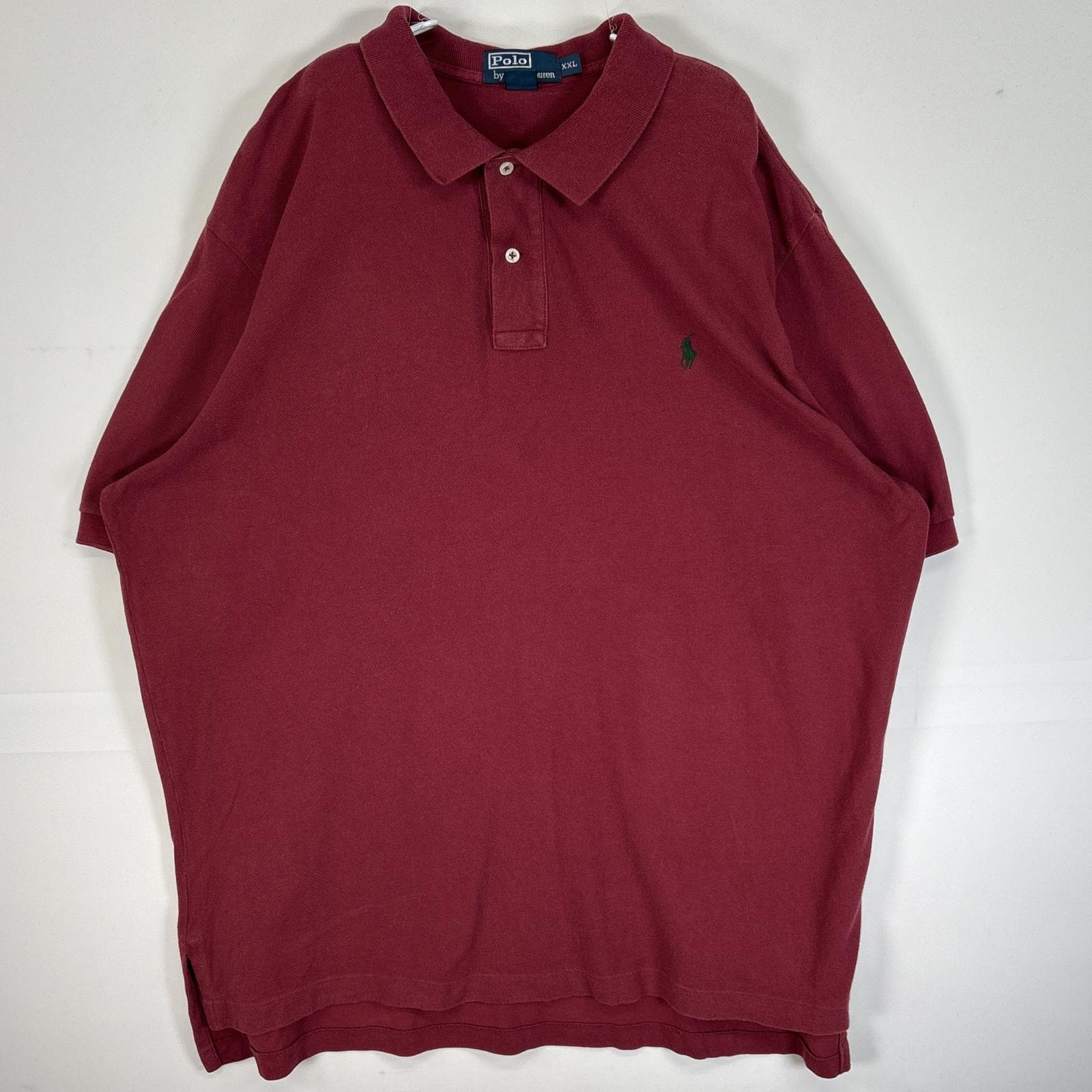 古着 90's/90年代 ポロバイラルフローレン Polo by Ralph Lauren 鹿の子 半袖 ポロシャツ ロゴ 刺繍 大きいサイズ 2ボタン 14041  ワインレッド 無地 メンズ