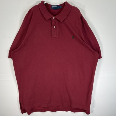 古着 90's/90年代 ポロバイラルフローレン Polo by Ralph Lauren 鹿の子 半袖 ポロシャツ ロゴ 刺繍 大きいサイズ 2ボタン 14041 ワインレッド 無地 メンズ