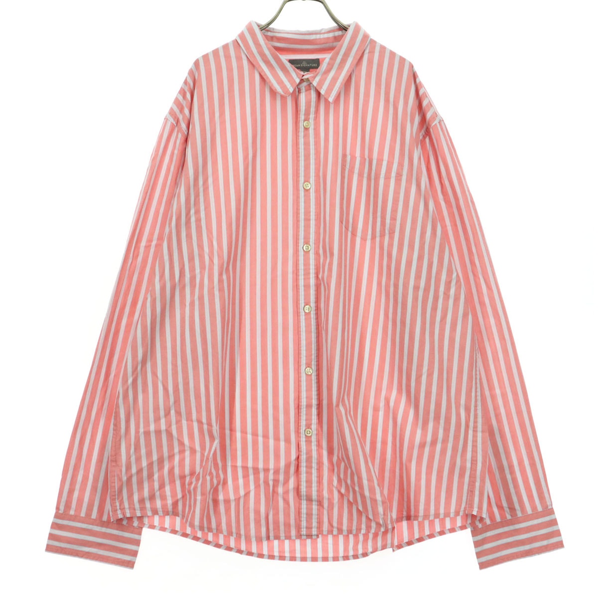 美品 L.L.Bean SIGNATURE エルエルビーンシグネチャー ストライプ柄 長袖 コットンシャツ XXL ピンク