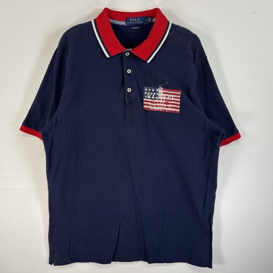 古着 ポロ・ラルフローレン POLO RALPH LAUREN 半袖 ポロシャツ 星条旗 ワンポイント ロゴ L ネイビー系 マルチカラー メンズ