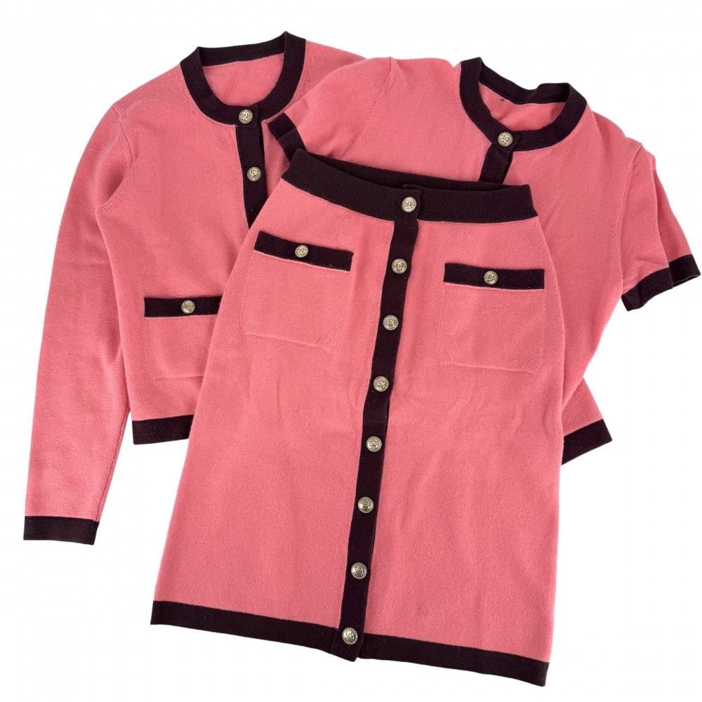 CHANEL シャネル セットアップ トップス ジャケット スカート ココボタン ヴィンテージ アパレル 服 38 ピンク バーガンディ ゴールド金具 カシミヤ    レディース 春 秋【中古品】