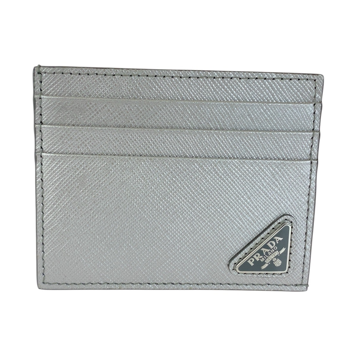美品 PRADA プラダ サフィアーノ シルバー グレー レザー カードケース パスケース 名刺入れ 1-0251771 【中古】