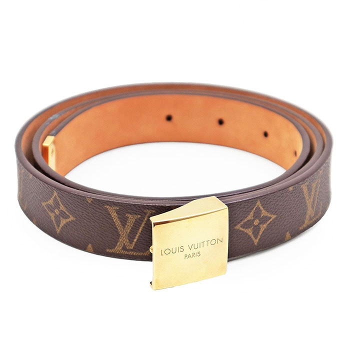美品 ルイ・ヴィトン レザー LV モノグラム ゴールドスクエアバックル LB0012 ベルト メンズ ブラウン ゴールド サイズ不明 LOUIS VUITTON