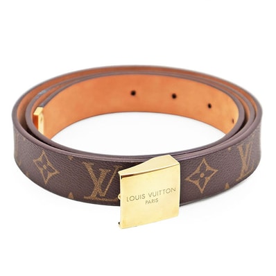美品 ルイ・ヴィトン レザー LV モノグラム ゴールドスクエアバックル LB0012 ベルト メンズ ブラウン ゴールド サイズ不明 LOUIS VUITTON