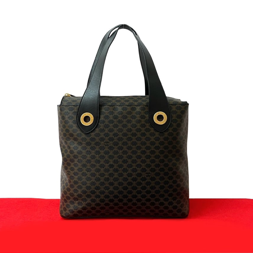 極美品】セリーヌ ハンドバッグ 黒マカダム PVC サークルロゴ ゴールド 極美品】セリーヌ ハンドバッグ 黒マカダム PVC サークルロゴ ゴールド