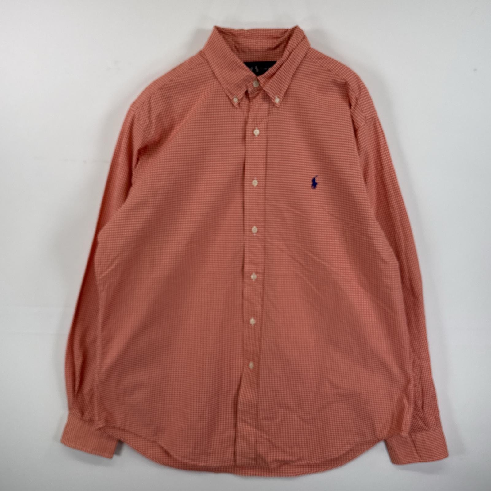 古着 ラルフローレン RALPH LAUREN 長袖シャツ ボタンダウンシャツ ワンポイント 刺繍 大きいサイズ 16 L XL  オレンジ チェック メンズ