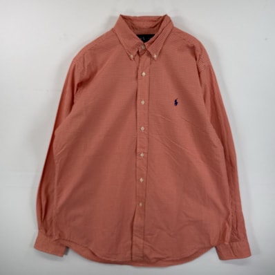 古着 ラルフローレン RALPH LAUREN 長袖シャツ ボタンダウンシャツ ワンポイント 刺繍 大きいサイズ 16 L XL オレンジ チェック メンズ