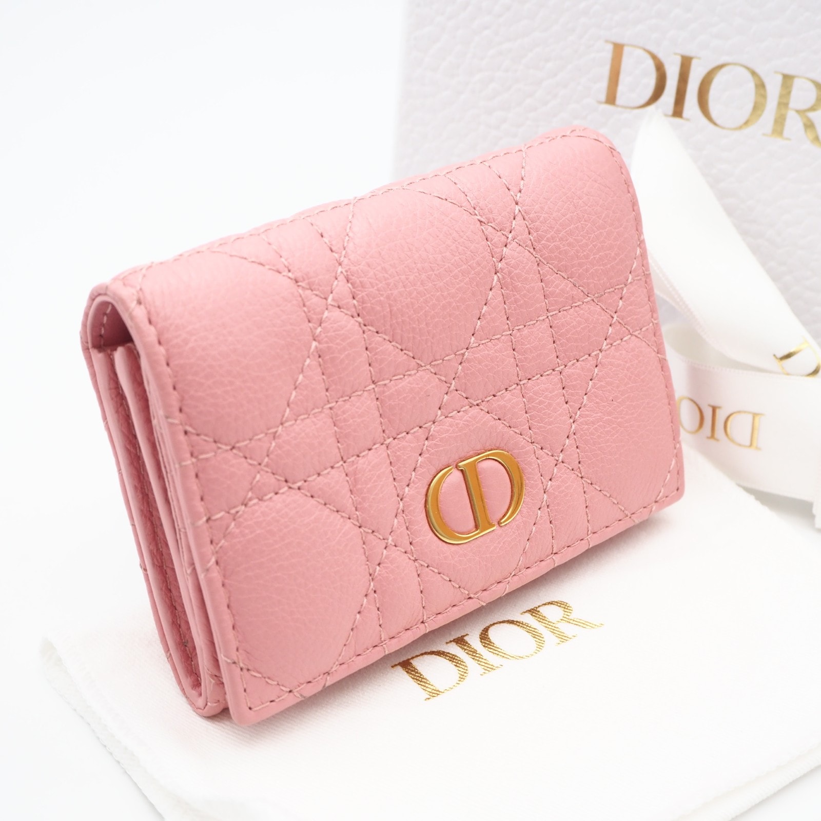 美品 Christian Dior クリスチャンディオール カナージュ カーフスキン Dior Caro Glycine ウォレット S5132UWHC カードケース ピンク カーフレザー ラムスキン レディース