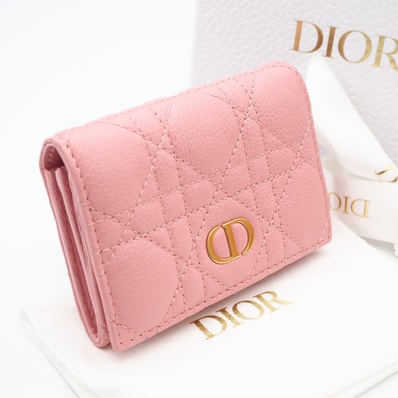 美品 Christian Dior クリスチャンディオール カナージュ カーフスキン Dior Caro Glycine ウォレット S5132UWHC カードケース ピンク カーフレザー ラムスキン レディース