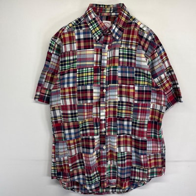 古着 ブルックスブラザーズ Brooks Brothers 半袖シャツ パッチワーク 346 ボタンダウン チェック柄 M マルチカラー メンズ