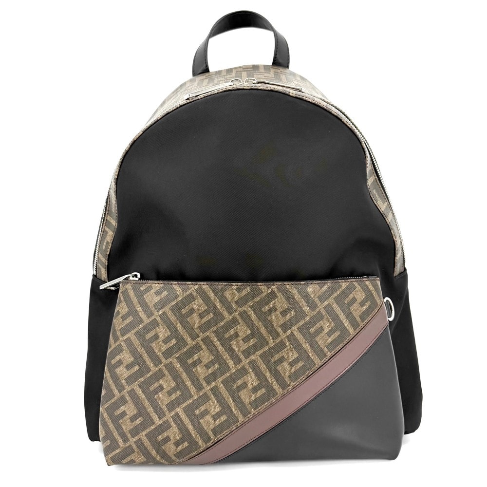 FENDI フェンディ リュック ズッカ バックパック 7VZ042 ナイロン  レザー   ブラウン 茶 ブラック 黒 シルバー金具 メンズ【中古品】