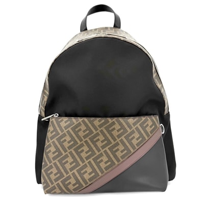 FENDI フェンディ リュック ズッカ バックパック 7VZ042 ナイロン レザー ブラウン 茶 ブラック 黒 シルバー金具 メンズ【中古品】