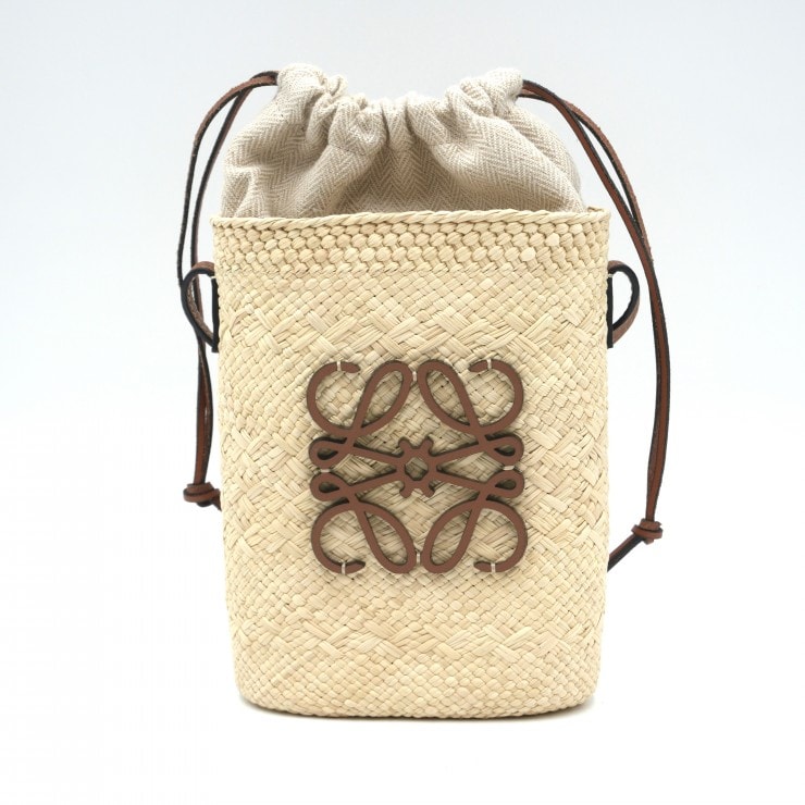 LOEWE(ロエベ)スクエア ポケット ショルダーバッグ ポシェット アナグラム ラフィア レザー ナチュラル ブラウン レディース 【中古】