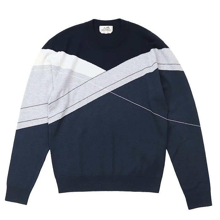 【美品】 エルメス Casaque ウール/カシミヤ セーター アシンメトリー ジオメトリック ニット メンズ ネイビー グレー M HERMES