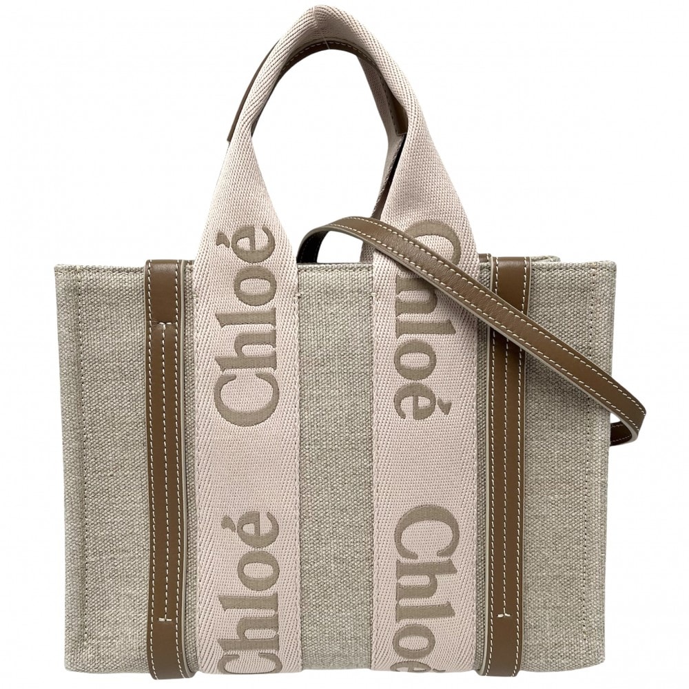 Chloe クロエ 2WAY WOODY ウッディ スモールトートバッグ ハンドバッグ ショルダーバッグ 肩掛け 斜め掛け CHC23AS397L1726Y  リネンキャンバス  カーフスキン  ベージュ ブラウン 茶 ゴールド金具 レディース 美品【中古品】
