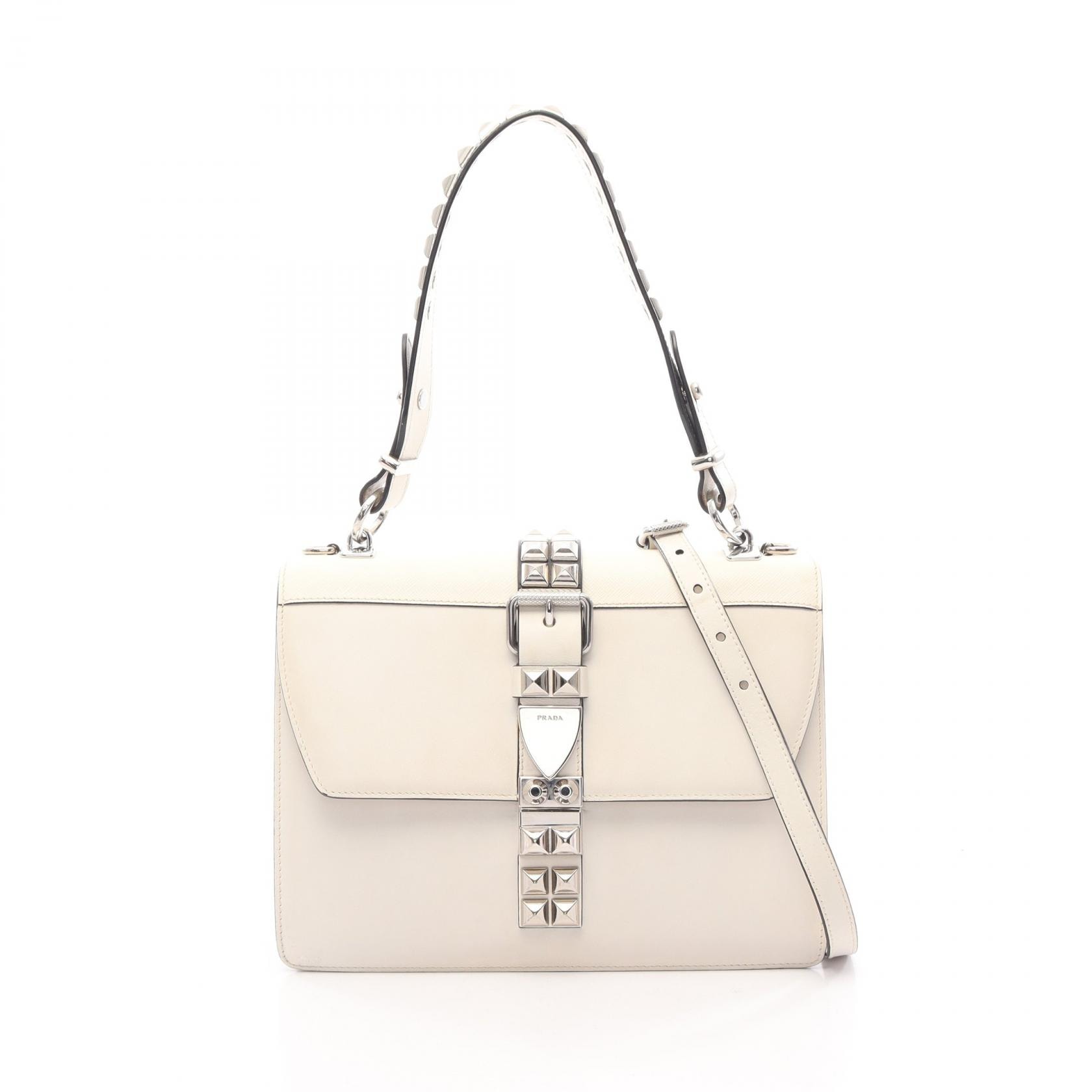 プラダ PRADA エレクトラ CITY CALF+SAFFI スタッズ 2WAY ハンドバッグ バッグ レザー レディース ホワイト系 1BA179 【中古】