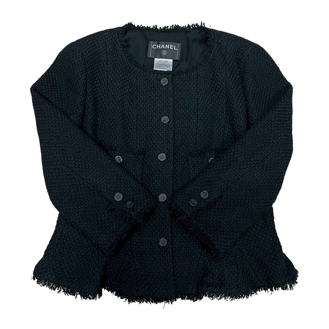 CHANEL シャネル ツイード ココマーク ボタン シルク コットン ナイロン ノーカラージャケット ブラック
 62545