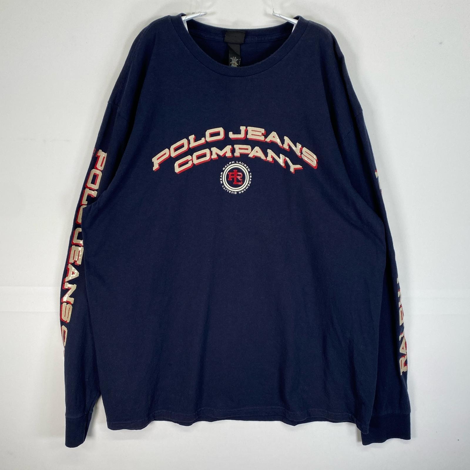 古着 ポロジーンズ POLO JEANS 長袖Tシャツ 両面 袖 クルーネック フェード L  ネイビー プリント メンズ