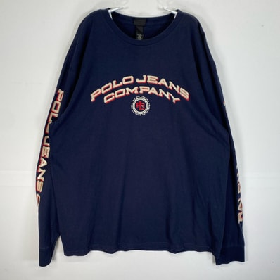 古着 ポロジーンズ POLO JEANS 長袖Tシャツ 両面 袖 クルーネック フェード L ネイビー プリント メンズ