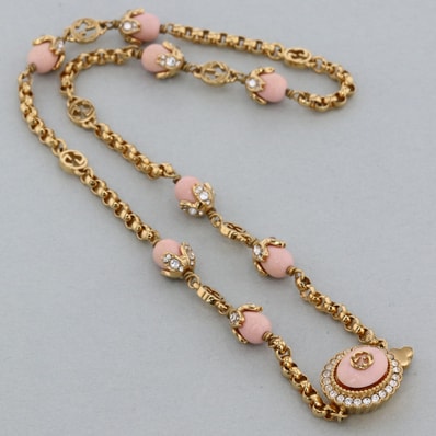 GUCCI グッチ インターロッキングG チェーン ラインストーン ネックレス ピンク ゴールド レディース【中古】