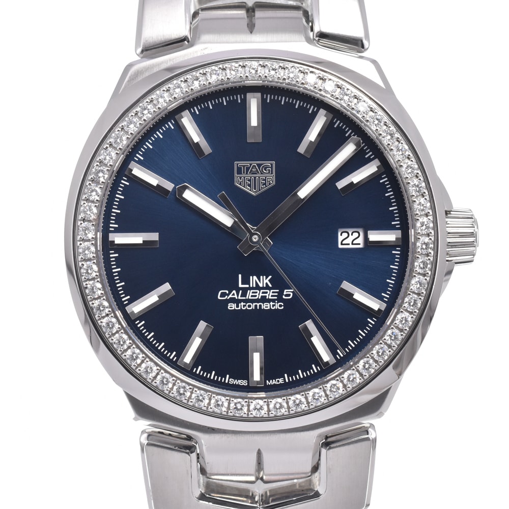 タグホイヤー TAG HEUER WBC2113 リンク キャリバー5 ダイヤモンドベゼル ブルー 自動巻き メンズ 美品 箱付き 腕時計 D#149785