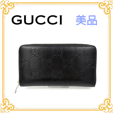 ■美品■ GUCCI グッチ 625563・496035 グッチシマ GGエンボス ラウンドファスナー 長財布 ブラック メンズ 黒 シルバー金具 レディース