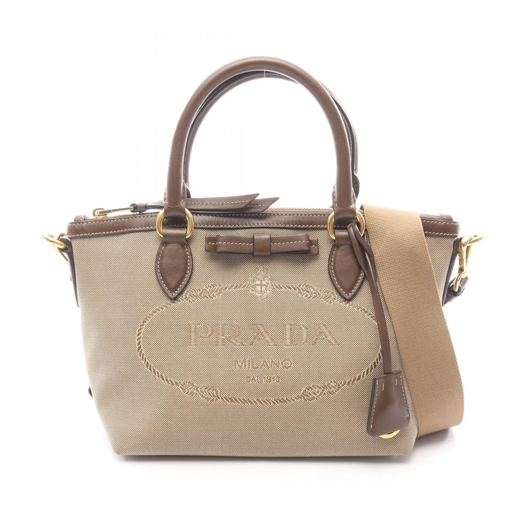 プラダ PRADA LOGO JACQUARD ロゴジャガード 2WAY ハンドバッグ バッグ キャンバス レザー レディース ブラウン系 【中古】
